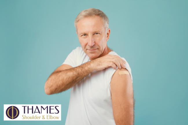Orthobiologics Steroid Injection Alternatives Tendinitis Arthritis Caution Man with plaster on shoulder after injection