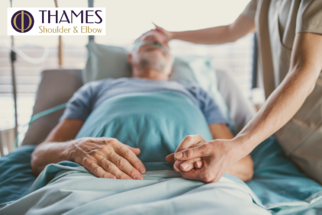Distal Clavicle Fracture Treatment Man in hospital bed with family beside